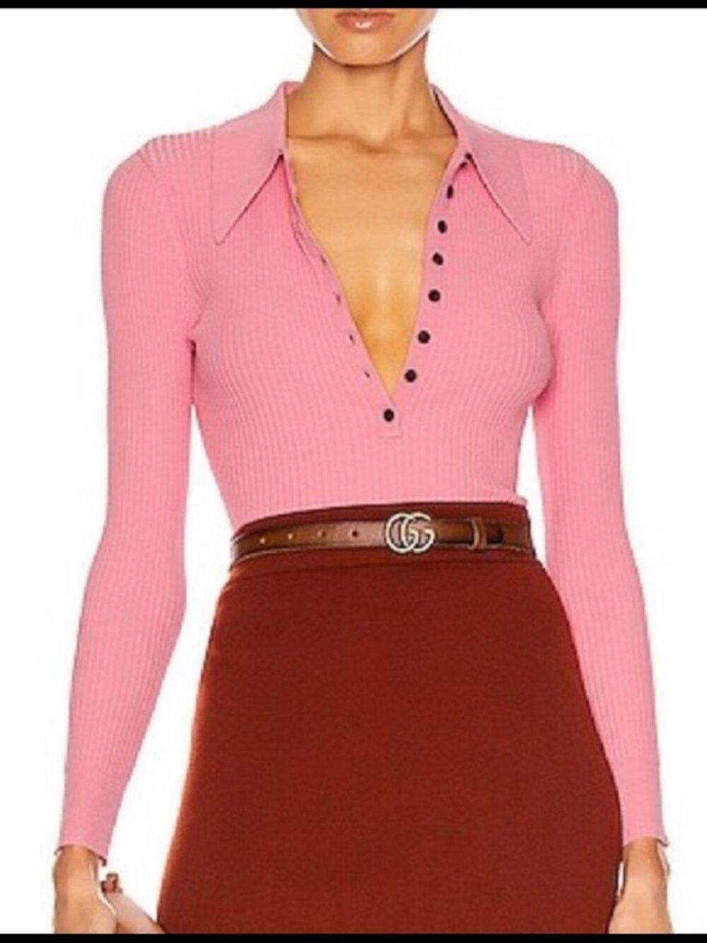 Women A.L.C. Lance Coral Pink (Item-360) Ribbed Knit Fitted Polo Top M